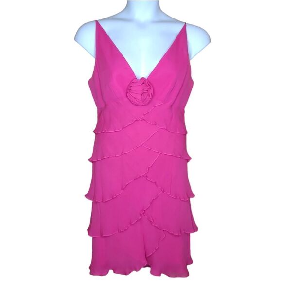 Vintage Dresses & Skirts - VINTAGE 90s magenta barbiecore tiered silk spaghetti strap‎ formal dress M
